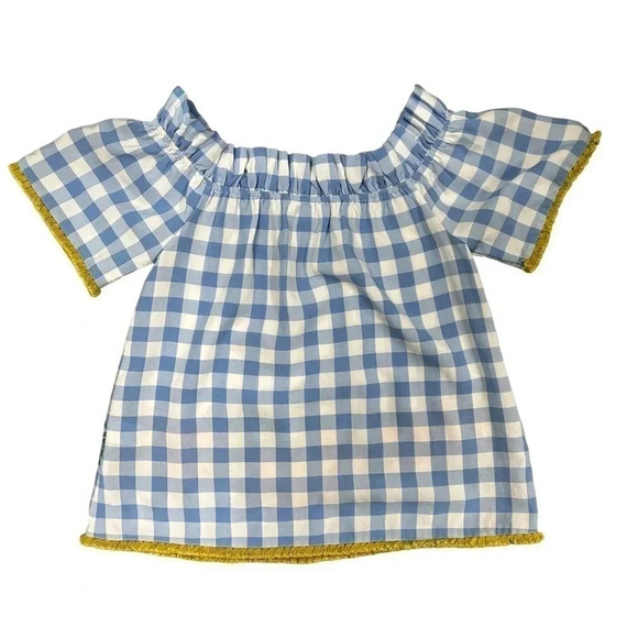 THML Blue Gingham Checkered Off Shoulder Top Women’s Small Floral Detail EUC - Picture 2 of 11